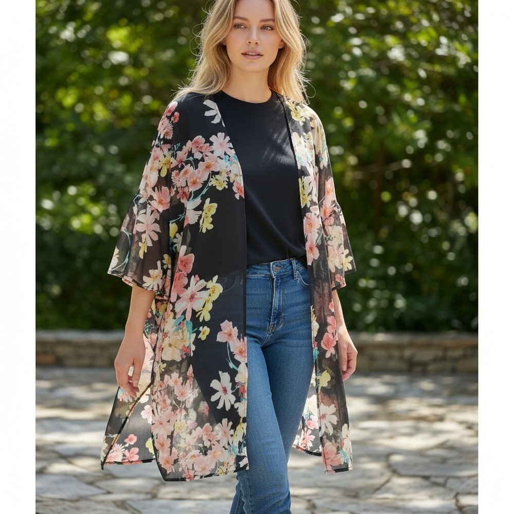 Floral Kimono Cardigan Black Pink Sheer Bell Sleeve One Size Boho